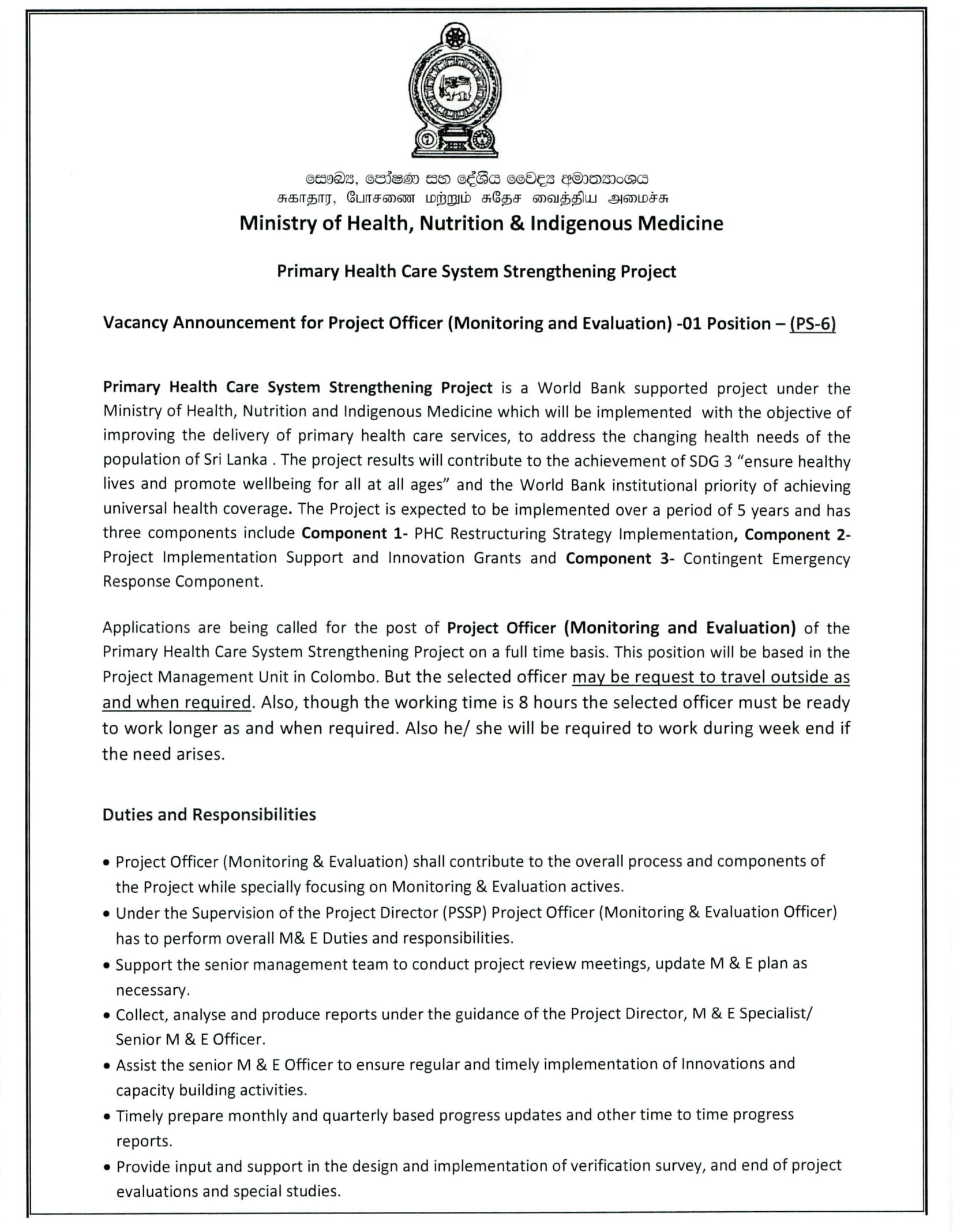 Project Officer (Monitoring & Evaluation) - Ministry of Health, Nutrition & Indigenous Medicine